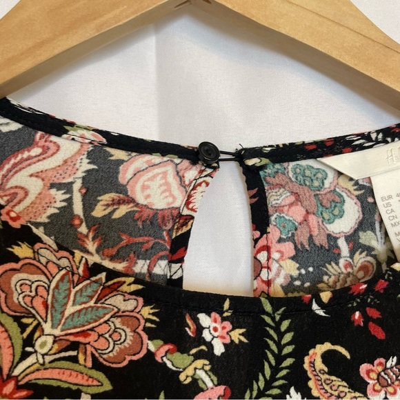 H&M Women’s Black Pink Floral Mini Dress 3/4 Flare Sleeve Size 10 - Picture 4 of 13